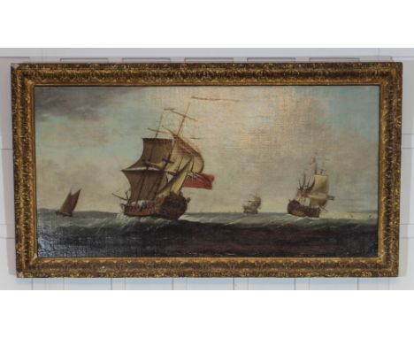 ATTRIBUTED TO FRANCIS SWAINE A British frigate and other shipping in a stiff breeze, the reverse with various labels includin