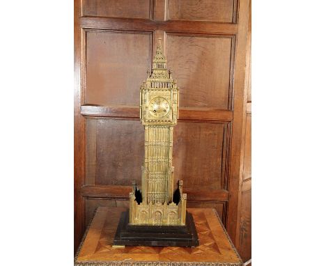 "BIG BEN": A VICTORIAN BRASS TABLE CLOCK, 19th century, modelled as Big Ben, with an eight day bell striking movement, in a g