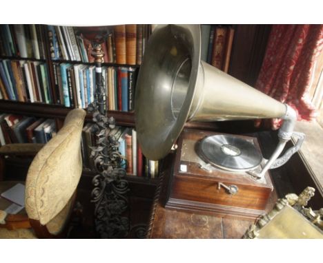 A GRAMOPHONE with a large brass trumpet, 17" dia., and an Imperial Typewriter, 20.75" wide (2)