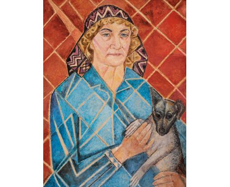 MAREVNA (1892-1984) 'Self Portrait' cubist half-length portrait depicting the artist with a small dog on her lap, signed, c.1