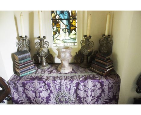 A VICTORIAN ALABASTER MODEL OF A FONT, 10.25" high; four giltwood and gesso carvings of Saints, 7" high; a painted panel with