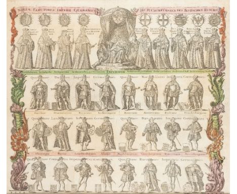 GERMAN SCHOOL (17th CENTURY) THE ELECTORS OF THE HOLY ROMAN EMPIRE hand-coloured print 52.5 x 60.0cm / 20.6 x 23.6 in Includi