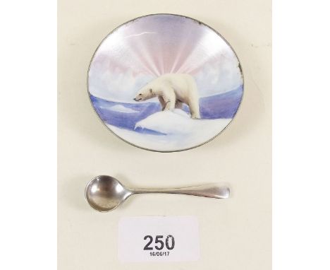 A Scandinavian silver and enamel pin dish decorated polar bear on an ice cap plus a silver salt spoon 