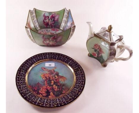 A reproduction Carlton Ware fairy design printed fruit bowl, plate and teapot 