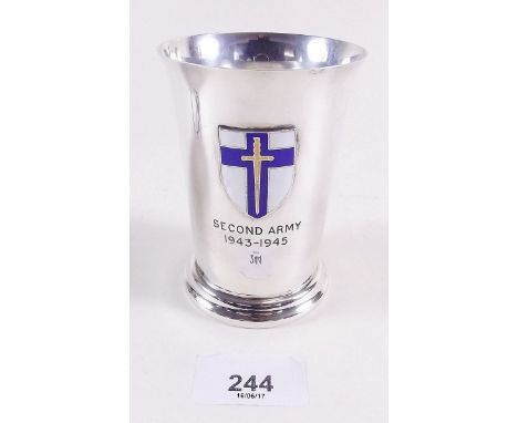 A silver beaker with enamel emblem on shield 'Second Army' 1943-45 - 147g