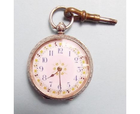 A continental 935 silver fob watch with engraved decoration and decorative enamel dial plus key  