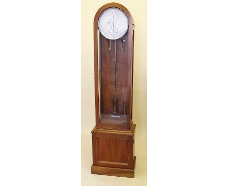 A  modern Art Deco style walnut regulator longcase clock with rounded arch top over fully glazed door and sides