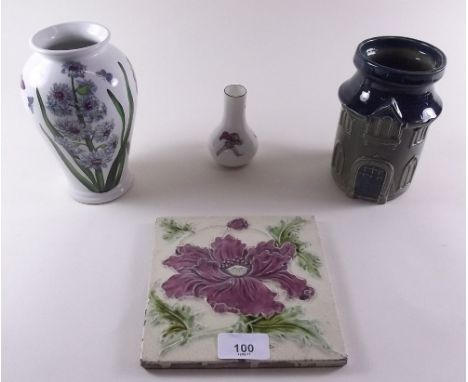 A Portmerion vase, a Victorian tile, cottage form pot and miniature Royal Albert vase