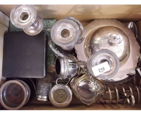 A box of silver plated items including candelabra 