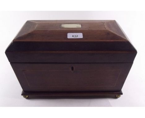 A 19th century mahogany tea caddy with satinwood stringing and brass cornucopia handles, 32cm wide 