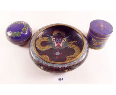 A Chinese Cloisonne enamel bowl and two lidded pots decorated dragons and flowers, the bowl with mark to base