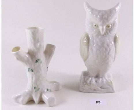 A Belleek owl form vase 21cm and a Belleek tree trunk vase