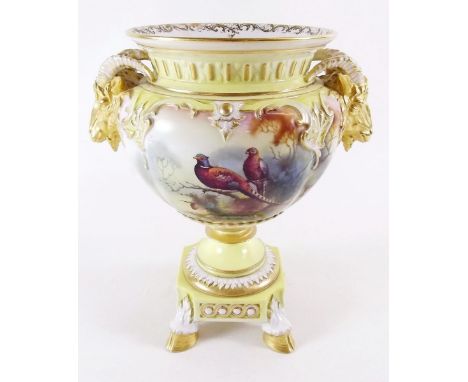 A Royal Worcester vase painted pheasants in pine trees on a yellow ground,  signed A. C. Lewis, 20cm, 1907