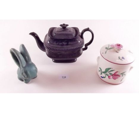 A Sarreguemines jar and cover, a Denby rabbit and a Jackfield teapot 
