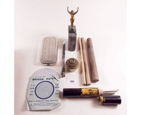 A box of collectables to include a set of weights, milk thermometer etc. 