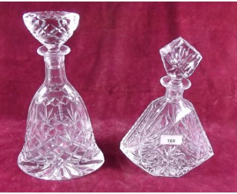 A cut glass bell form decanter and another 