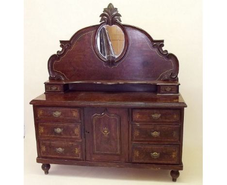 A Victorian pine sideboard with faux painted wood grain and marquetry decoration, the mirror back over shelf and two trinket 