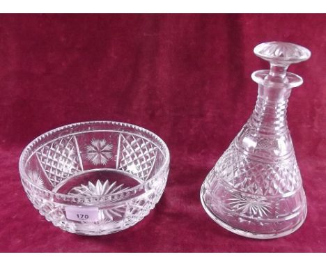 A cut glass fruit bowl and cut glass ships decanter 