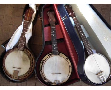 Three Banjoleles or Ukulele Banjos, one by GH&S, another by Dallas model C. Condition report: see terms and conditions.