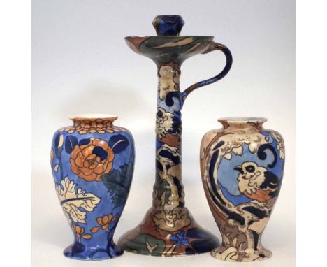 Two Frederick Rhead Bursley ware, Amstel vases and a chamber stick Condition report: see terms and conditions.