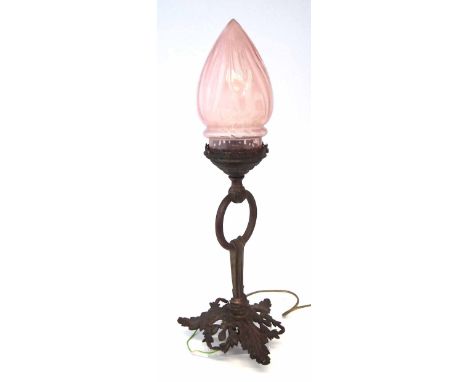 Victorian brass ceiling light, with pink glass shade decorated with daffodils, Condition report: see terms and conditions.