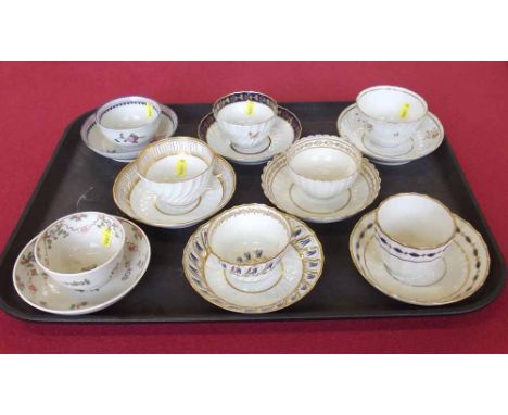 Two Newhall tea bowls and saucers together with six other spiral moulded tea bowls and saucers. Condition report: see terms a