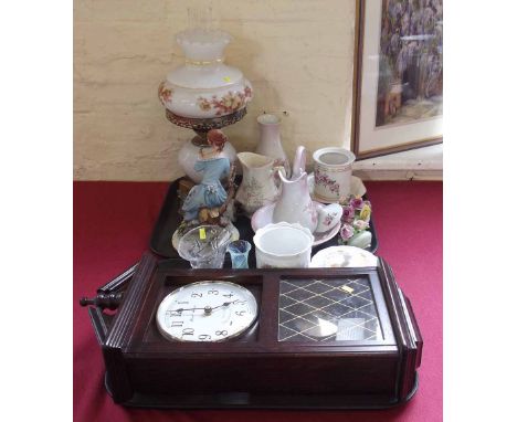 Victorian style table lamp in the form of an oil lamp, capo di monte figure, wall clock and misc glass and china Condition re