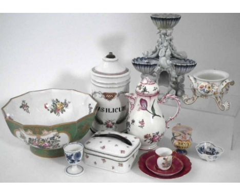 Collection of Continental pottery and porcelain, to include a pickle stand after an 18th century original, also a copy of a R