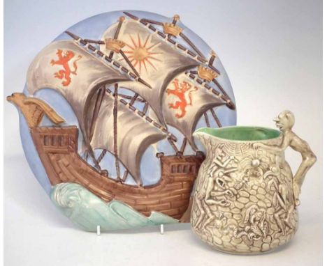 Falcon ware Ghosties and Ghoulies jug, also a Burleigh ware Galleon plaque. Condition report: see terms and conditions.