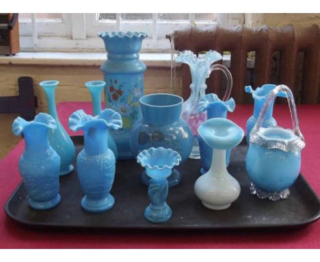 Collection of twelve light blue Victorian opaque blue vases. Condition report: see terms and conditions.