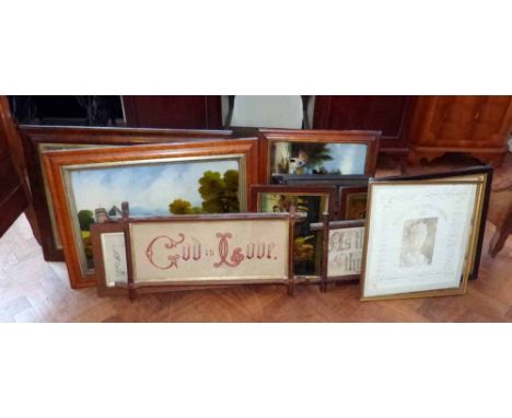 Quantity of assorted framed chrystoleums and textile samplers and a framed cartledge ceramic tile. Condition report: see term