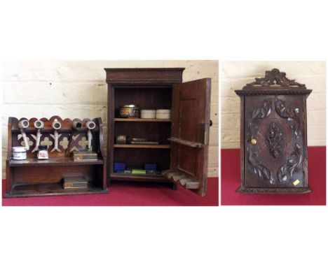 Oak pipe rack and two oak cupboards. Condition report: see terms and conditions.
