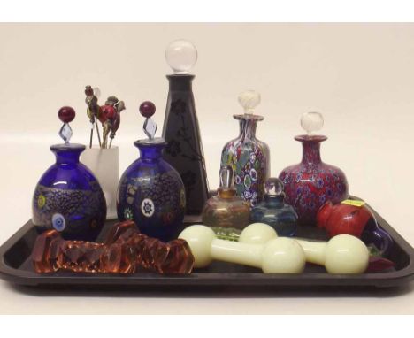 Collection of Murano type glass, to include four Millefiori scent bottles, three other bottles, a pipe, fork, hat pins and tw