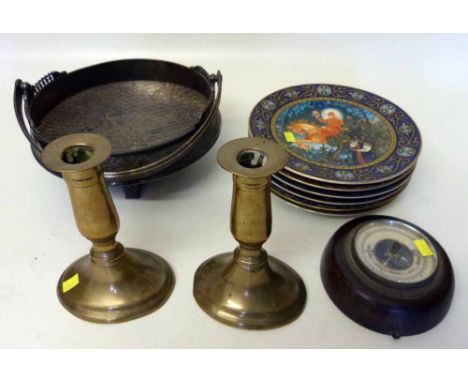 Silver plated Meridon American aesthetic swing handle bowl, two brass candlesticks, aneroid barometer and six Villeroy & Boch