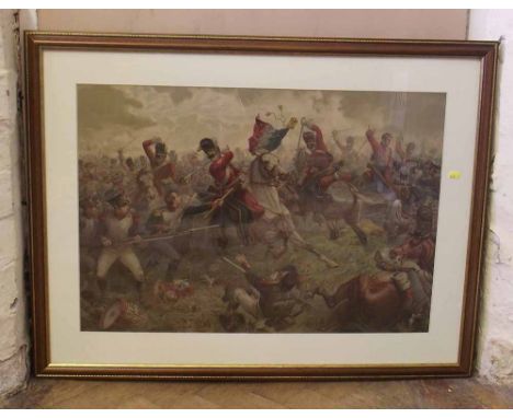Large framed lithograph 'Waterloo' showing Sergent Ewart capturing the French colours, 1815. Condition report: see terms and 