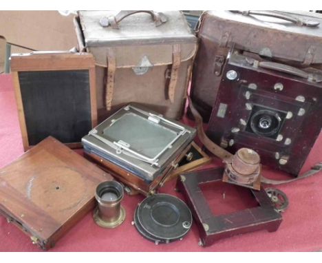 Kodak mahogany 8" x 6.5" plate camera and one other by 6 x 4.5" Braine & Sons mahogany camera both with case and slides. Cond