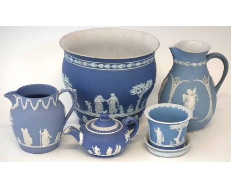 Wedgwood blue jasper dip small jardiniere and stand, ewer, large jardinere,also a solid jasper teapot and a non-Wedgwood teap