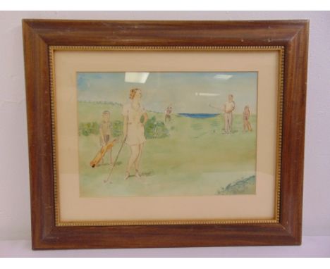 A framed and glazed Art Deco watercolour of ladies and gentlemen playing golf, circa 1930, 24 x 34cm
