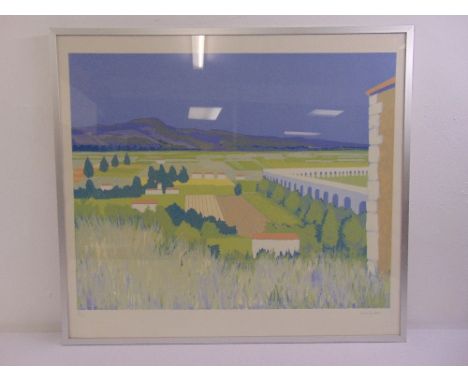 Robert Buhler RA 1916-1989 framed and glazed silk screen polychromatic print of rural scene with distant mountain, limited ed