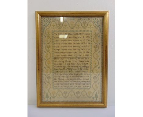 A George III framed and glazed period sampler by Ann Croydon of Strait School, chronicling family birth dates and a poem, dat