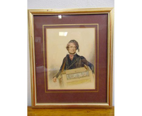 A framed and glazed watercolour of a musician playing an accordion circa 1890, 19 x 15cm