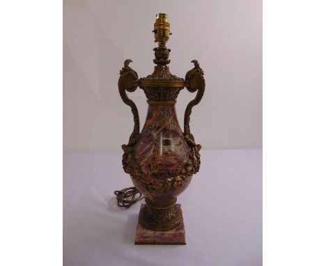 French Breccia marble urn, later converted to a table lamp, with twin brass scroll handles and garland swags on a square marb