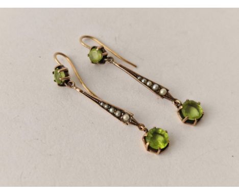 A pair of Edwardian peridot and pearl earrings 9ct