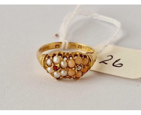 A antique pearl and coral diamond and rubies 18ct gold size L 2.6 gms