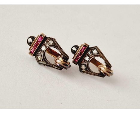 A pair of art deco gold ruby and rose diamond silver set earrings