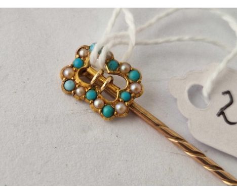 Victorian gold turquoise &amp; pearl buckle style stick pin 1.9g