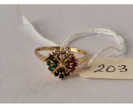 A gold ring set with diamond ruby's emeralds and sapphire 9ct size O 2 gms