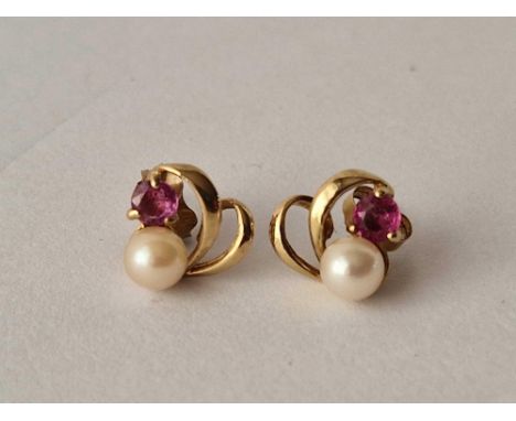 A pair of ruby and pearl earrings 9ct  