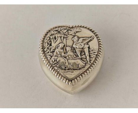 A late Victorian heart shaped box with romantic panel to hinged top, 2" wide, Birmingham 1900