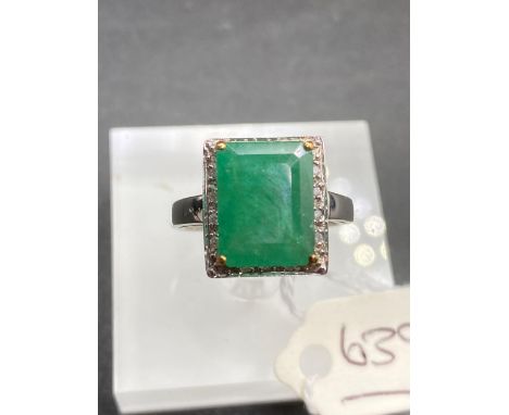 A white gold square large emerald and diamond cluster ring 9ct size O 3.5g